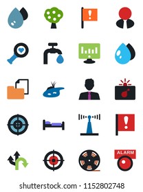 Color and black flat icon set - bomb in case vector, bed, statistic monitor, water drop, heart diagnostic, route, important flag, folder document, reel, antenna, target, pond, supply, fruit tree