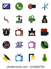 Color and black flat icon set - phone vector, money bag, well, sickle, film frame, vinyl, tv, video camera, call, alarm, fireplace, rolling pin, outdoor lamp, windmill