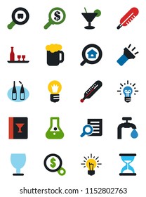 Color and black flat icon set - document search vector, bulb, thermometer, ampoule, fragile, cargo, torch, water supply, estate, alcohol, wine card, cocktail, beer, money, idea, flask, sand clock