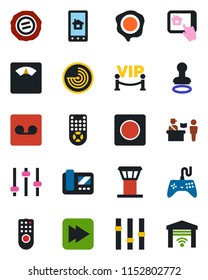 Color and black flat icon set - airport tower vector, passport control, stamp, radar, scales, gamepad, settings, remote, fast forward, tuning, record, vip zone, intercome, home app, garage gate