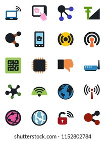 Color and black flat icon set - antenna vector, wireless notebook, earth, network, share, finger down, cellular signal, chip, lock, router, home control app, social media