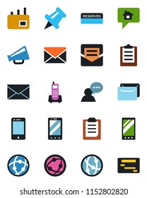 Color and black flat icon set - mobile phone vector, mail, office, loudspeaker, network, cell, speaker, paper pin, clipboard, reserved, home message, schedule