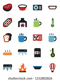 Color and black flat icon set - hot cup vector, coffee machine, fire, fireplace, air conditioner, bread, steak, dog, bowl, thermometer, balloon