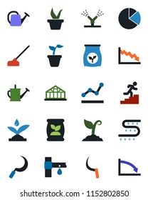 Color and black flat icon set - seedling vector, watering can, sproute, hoe, sickle, greenhouse, fertilizer, drip irrigation, pie graph, point, career ladder, crisis