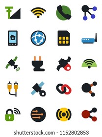 Color and black flat icon set - satellite vector, share, chain, rca, call, sim, network, cellular signal, wireless, power plug, lock, router, home control app, social media