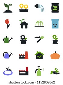Color and black flat icon set - flower in pot vector, watering can, sproute, pruner, pumpkin, greenhouse, seeds, pond, garden sprayer, fertilizer, tulip, factory, eco house, palm