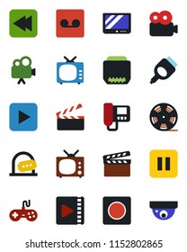 Color and black flat icon set - ticket office vector, clapboard, reel, tv, gamepad, video camera, play button, pause, rewind, hdmi, record, intercome, surveillance