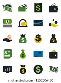 Color and black flat icon set - credit card vector, ticket office, dollar sign, money bag, statistic monitor, cash, receipt, wallet, investment