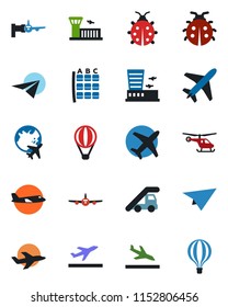 Color and black flat icon set - plane vector, departure, arrival, ladder car, boarding, helicopter, seat map, globe, airport building, lady bug, paper, air balloon