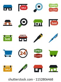 Color and black flat icon set - 24 around vector, pen, store, search cargo, sale, sold signboard, cafe building, open close, cart, storefront