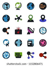 Color and black flat icon set - satellite antenna vector, bomb in case, globe, plane, earth, pin, network, share, news, social media