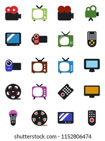 Color and black flat icon set - tv vector, reel, video camera, remote control, monitor