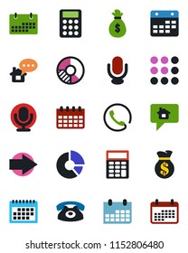 Color and black flat icon set - right arrow vector, calendar, circle chart, microphone, menu, calculator, phone, home message, money bag