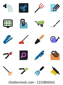 Color and black flat icon set - document search vector, pen, pencil, trowel, garden fork, farm, rake, watering can, wheelbarrow, pruner, hoe, monitor pulse, scalpel, cut, paper clip, stapler