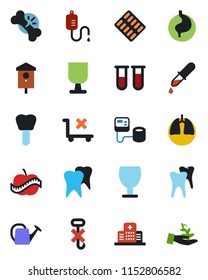 Color and black flat icon set - watering can vector, bird house, blood pressure, test vial, dropper, pills blister, stomach, lungs, tooth, implant, broken bone, diet, hospital, fragile, no trolley