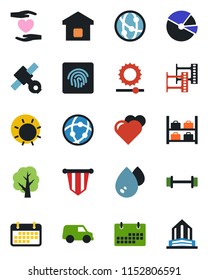 Color and black flat icon set - luggage storage vector, pennant, tree, sun, heart, barbell, hand, satellite, term, film frame, network, brightness, fingerprint id, calendar, pie graph, smart home