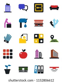 Color and black flat icon set - baby room vector, office building, seedling, glove, route, navigation, railroad, dialog, menu, scanner, application, paper binder, water supply, estate document
