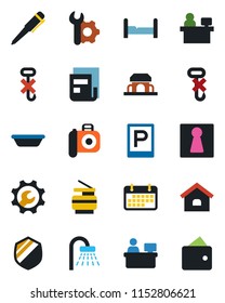 Color and black flat icon set - parking vector, female, shower, pen, manager place, term, no hook, shield, camera, root setup, news, copier, house, bedroom, cafe building, bowl, wallet