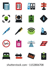 Color and black flat icon set - runway vector, no smoking, signpost, identity card, pen, document, barcode, radio phone, sim, wireless, face id, paper binder, tray, bedroom, information, pass