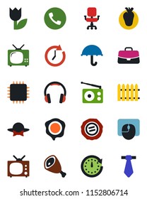 Color and black flat icon set - phone vector, case, mouse, stamp, fence, real heart, umbrella, tulip, radio, headphones, office chair, tv, dress code, ham, chip, clock, tie