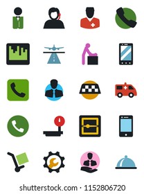 Color and black flat icon set - runway vector, taxi, phone, baby room, mobile, ambulance car, doctor, support, client, cargo, heavy scales, cell, call, scanner, root setup, waiter, dish