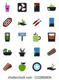 Color and black flat icon set - hot cup vector, seedling, plant label, fridge, drink, phyto bar, salad, bacon, kebab, dog, apple fruit, fan, palm sproute