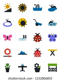 Color and black flat icon set - sun vector, flower in pot, lawn mower, butterfly, lady bug, pond, picnic table, brightness, pool, mountains, restaurant, alcove