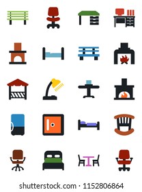 Color and black flat icon set - cafe vector, bed, checkroom, office chair, desk, bench, fireplace, lamp, bedroom, children room, restaurant table, alcove, fridge