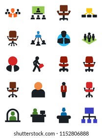 Color and black flat icon set - reception vector, manager, office chair, place, client, user, hierarchy, company, estate agent, group