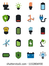 Color and black flat icon set - battery vector, low, protect, charge, desk lamp, windmill, power plug, bulb, energy saving, idea