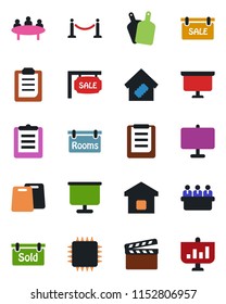 Color and black flat icon set - fence vector, presentation board, meeting, clipboard, clapboard, sale, rooms, sold signboard, smart home, cutting, chip