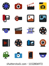 Color and black flat icon set - camera vector, clapboard, film frame, reel, video, phone back, mobile, gallery, photo, web, intercome, surveillance