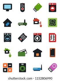 Color and black flat icon set - washer vector, calculator, monitor, speaker, phone back, sim, smart home, credit card, control, chip, remote, router, usb flash