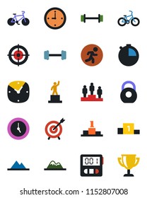 Color and black flat icon set - pedestal vector, barbell, bike, run, heavy, clock, stopwatch, target, mountains, award cup