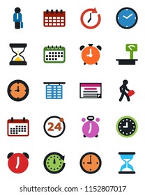 Color and black flat icon set - 24 around vector, alarm clock, flight table, calendar, heavy scales, manager, schedule, sand