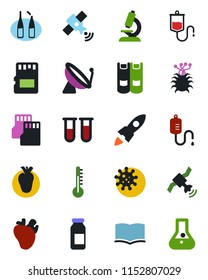 Color and black flat icon set - satellite antenna vector, book, blood test vial, dropper, microscope, ampoule, real heart, virus, sd, thermometer, rocket, flask