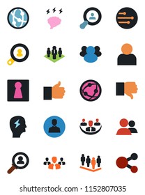 Color and black flat icon set - female vector, team, brainstorm, network, group, finger up, down, user, company, client search, consumer, social media