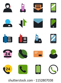 Color and black flat icon set - mobile phone vector, office, 24 hours, support, cell, radio, mail, call, data exchange