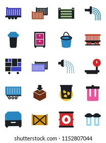Color and black flat icon set - trash bin vector, bucket, watering, railroad, truck trailer, cargo container, consolidated, package, oil barrel, heavy scales, archive box, water filter