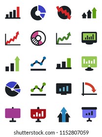 Color and black flat icon set - growth statistic vector, crisis graph, monitor, circle chart, statistics, presentation board, bar, pie, point, arrow up