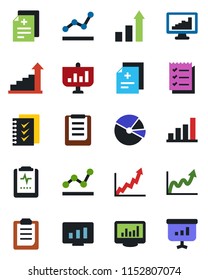Color and black flat icon set - growth statistic vector, monitor, diagnosis, pulse clipboard, statistics, bar graph, pie, checklist, point, presentation
