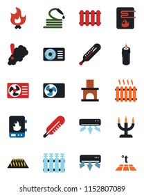 Color and black flat icon set - fire vector, hose, fireplace, thermometer, heater, air conditioner, candle, water, smoke detector, radiator, warm floor