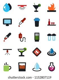 Color and black flat icon set - hot cup vector, water drop, dropper, flammable, monitor, alcohol, drink, cocktail, filter, sprinkler, flask
