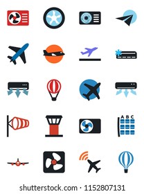 Color and black flat icon set - plane vector, airport tower, radar, departure, wind, seat map, air conditioner, fan, paper, balloon