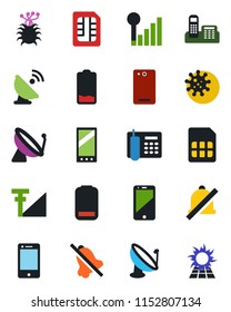 Color and black flat icon set - satellite antenna vector, virus, cell phone, low battery, mobile, back, sim, mute, cellular signal, office, sun panel