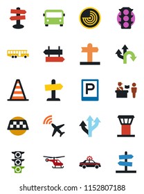 Color and black flat icon set - airport tower vector, plane radar, taxi, bus, parking, passport control, signpost, alarm car, border cone, helicopter, route, traffic light, guidepost