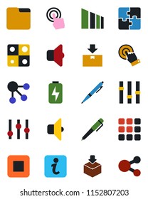Color and black flat icon set - package vector, sorting, settings, touch screen, stop button, menu, folder, charge, application, pen, sound, information, social media