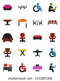 Color and black flat icon set - cafe vector, waiting area, disabled, office chair, desk, picnic table, cushioned furniture, restaurant, man with notebook