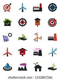 Color and black flat icon set - factory vector, bird house, target, sun panel, windmill, eco, water, palm sproute