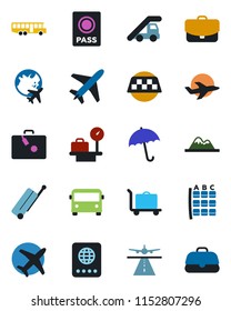 Color and black flat icon set - plane vector, runway, taxi, suitcase, baggage trolley, airport bus, umbrella, passport, ladder car, seat map, luggage scales, globe, mountains, case